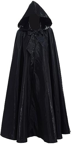 Cexiakong Schwarzer Umhang mit Kapuze Darth Vader Umhang Mittel Umhang Cape Mantel Satin Karneval Halloween Weihnachten Oberteile Erwachsene Sensenmann Vampir Langer Umhang Robe Party