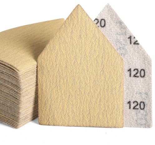 POLIWELL 50PCS 90mm x 65mm Triangle Sanding Sheets Hook & Loop 120 Grit Replace Milwaukee M12 Orbital Detail Sander, Alumina Abrasive Sand Paper for Wood Finishing, Detail Sanding