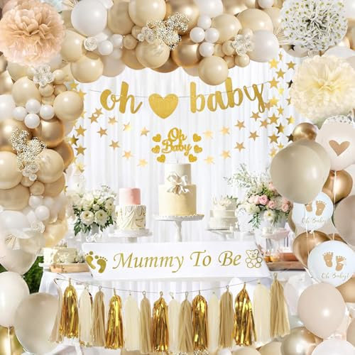 Babyparty Deko Mädchen, Babyparty Mädchen Junge, Baby Shower Deko Weiße Gold Luftballoons, Oh Baby Girlande, Mommy to Be Sash für Babyshowerparty Neutral, Gender Reveal Party Dekoration Girl Boy