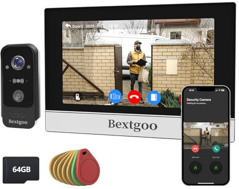2K Visiophone Connecté WiFi avec Carte 64 Go, Bextgoo Interphone Video, Moniteur Tactile Couleur 7/App/Carte RFID Déverrouillage, 4 Fils, Vision 170°, Détection de Mouvement AI, Vision Nocturne, IP66