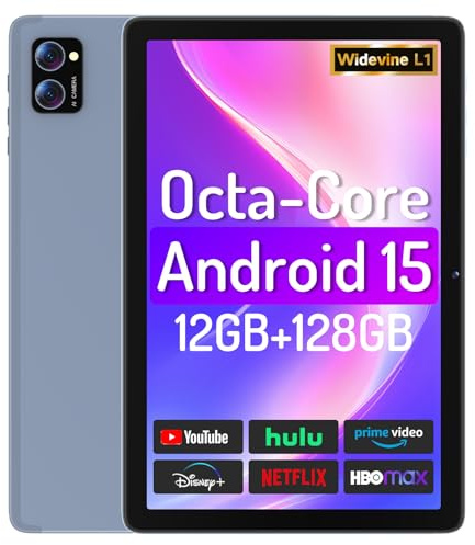 LECTRUS Tablet, 10 inch Android 15 Tablets with Octa-Core Processor, 12GB RAM +128GB ROM (Expand to 2TB), HD IPS Touchscreen, 10H Battery Life, Widevine L1, Dual Camera, BT5.0 & 5G WiFi Tablet PC