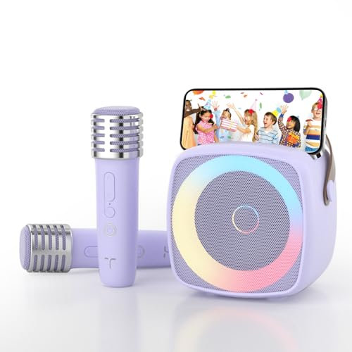 Karaoke Machine 2 Microphones for Boys Girls, Wireless Portable Bluetooth Speaker with Dynamic Lights for Kids Adults Mini Voice Changer Mic Speaker Set with Phone Holder for Home Party(Purple)