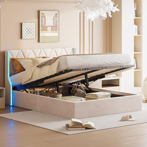 Polsterbett Doppelbett 160x200cm, Jugendbett mit LED-Beleuchtung & USB-Ladeanschlüssen, elegantem Design Stauraumbett Gepolstertes bett für Jugendzimmer und Gästezimmer, ohne Matratze (160x200cm)