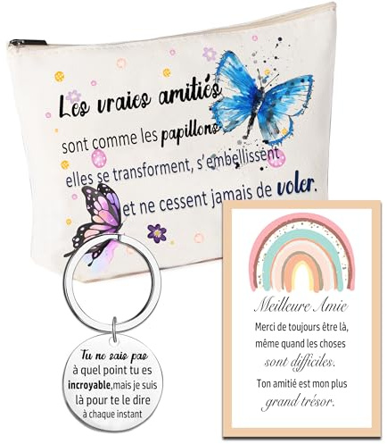 MKISHINE Cadeau d'Amitié pour Meilleure Amie - Trousse de Toilette + Porte-Clés + Carte de Remerciement + Sac Cadeau - Parfait pour Anniversaire, Souvenir ou Toute Autre Occasion Spéciale.