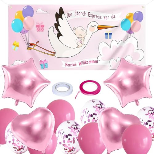 15 St 160x70cm Storch für Draussen Willkommen Zuhause Welcome Home Hänge Storch Banner Mit Luftballons （Pink）