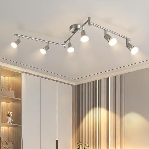 meoaow Deckenstrahler 6 Flammig Silber Deckenlampe - 350° Schwenkbar Strahler GU10 LED Deckenleuchte Spots Innen Deckenspot für Wohnzimmer Küche Schlafzimmer Ohne Leuchtmittel