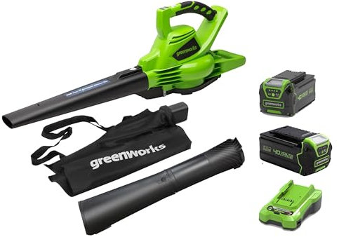 40V Akku-Laubsauger/Laubbläser Greenworks mit bürstenlosem Motor GD40BVK2X, 370 km/h, 14.17 m³/min, 45l Fangsack, 3 Jahre Garantie und 5Ah Akku & Universal Ladegerät +Bonus 4Ah batterie