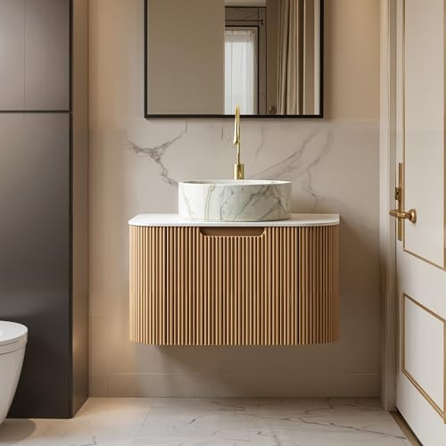 Waschtisch 61cm wandmontiert mit Glasbecken & Arbeitsplatte – 1 Schublade, Sperrholz, vormontiert, weiß mit Holzoptik