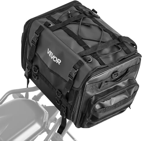 VEVOR Sacoche arrière de moto extensible 40-60 L, sac de selle moto avec housse de pluie imperméable, sac à dos de rangement pour bagages multifonctionnel avec sangles, poche et cordon élastique, noir