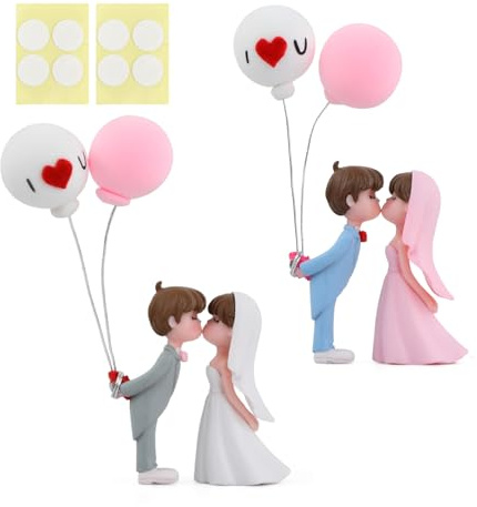 Ornement de Couple Décoration Set, 2 Paires Figurines de Couple Mignonnes avec Ruban Adhésif Invisible, PVC Écologique Decoration Voiture Interieur, Bleu Rose Gris Blanc pour Voiture Maison Mariage