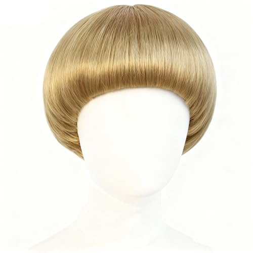 Blonde Bob Wig with Bangs Short Straight Bowl Cut Synthetic Hair 150g Lightweight for Men Women 60s 70s Cosplay Halloween Party Fun Dress Up Anime Costume + Hair Cap