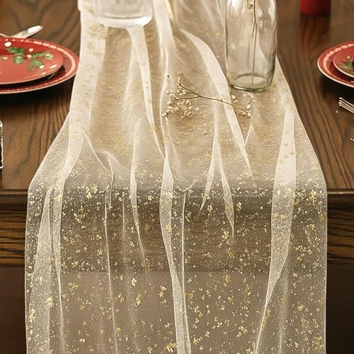 Tischläufer Gold, 75 x 180 cm, Tüll Meterware, Goldener Stoff, Organza Stoff Meterware, Elegante Tischdekoration für Hochzeiten und Feiern
