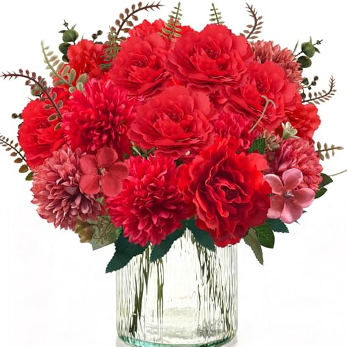 4 Bündel Kunstblumenstrauß wie Echt Pfingstrosen Künstlich Rot Kunstblumen | Seidenblumen Strauß mit Pfingstrosen Künstliche Blumen Deko Tisch Blumenstrauß Künstlich Hochzeit für Indoor Deko