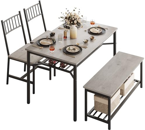 Platzsparendes Esstisch-Set für 4 Personen mit Bank und 2 Stühlen, Esszimmergarnitur mit Stahlgestell & Aufbewahrungsregal, Klassisches Design für kleine Wohnungen, Küche, Essbereich oder Bistro Grau