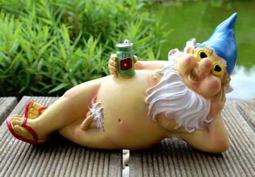 LB H&F Dekofigur nackter Gartenzwerg frecher Zwerg lustig witzig Wichtel Bier Gartendeko für Haus und Garten Wetterfest (1)