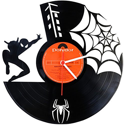GRAVURZEILE Wanduhr aus Vinyl - Spiderman Upcycling Design - Handmade Vintage-Uhr - Wanddekoration im Retro-Design für Comic-Fans - Geschenk für Sie & Ihn - Made in Germany