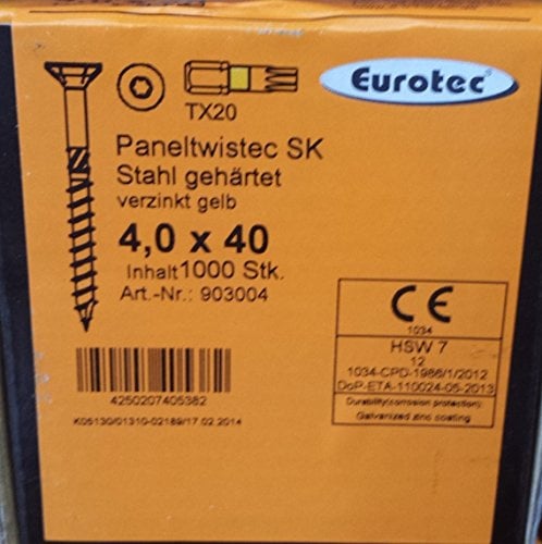 EUROTEC Paneltwistec Senkkopf, Stahl gelb verz., TX 20 / 4,0 × 40 mm / VPE 1000