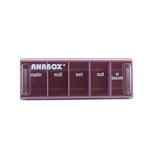 Anabox - Pilulier journalier 5 compartiments - Organisateur de médicaments quotidien Lilas - Cases Matin Midi Soir Nuit + Urgence - Système sécurisé - Lavable lave-vaisselle