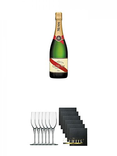 Mumm Cordon Rouge Champagner 0,75 Liter + Stölzle Exquisit Sektkelch 6er Pack + Schiefer Glasuntersetzer eckig 6 x ca. 9,5 cm Durchmesser