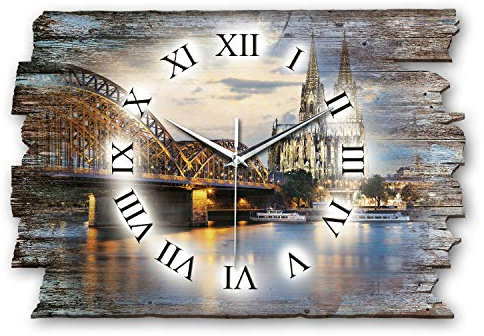Kreative Feder Designer Wanduhr Köln Skyline aus Holz Größe 40x27cm - Wanduhr im Landhaus-Stil Shabby-Style Made in Germany leise ohne Ticken (Köln, leises Quarzuhrwerk)