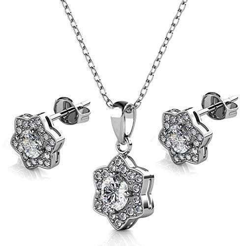 Juwelier Nagel Silber-Kette Anhänger & Ohrringe Schmuck-Set | 925 Sterling Silber | Vergoldet mit 18K Weißgold | Princess