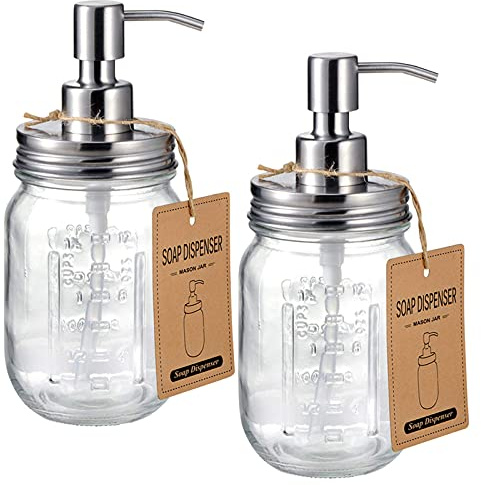 Mason Jar Soap Dispensers - Rustproof Stainless Steel Lid & Pump, Refillable Hand Wash for Bathroom/Kitchen, Ideal for Dish/Liquid Soap, Lotions - Waterproof Stickers, 16 oz/Brushed Nickel (2 Pack)