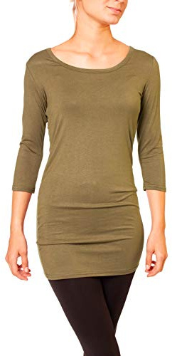 Easy Young Fashion - Damen Basic 3/4 Arm T-Shirt Rundhals - langes Unterziehshirt - Longshirt Skinny Fit 1098 - Oliv M/L