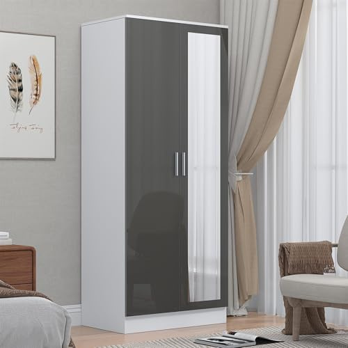 Reflect 2 Door Mirrored Wardrobe | Grey Gloss & Matt White | Bedroom Storage with Hanging Rails & Shelves | H: 180cm x W: 76cm x D: 47cm | Modern Sleek Design