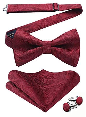 HISDERN Fliege Dunkelrot Herren Paisley Fliegen und Einstecktuch mit Manschettenknöpfe Set Verstellbare Fliege für Hochzeit Sfeier Weihnachten,Dunkelrot