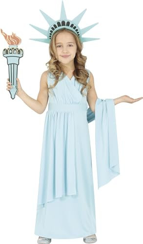 FIESTAS GUIRCA Freiheitsstatue Kostüm für Mädchen - Alter 5-6 Jahre - USA Kinder Kostüm Statue of Liberty inkl. Zackenkrone u. Fackel - Amerika Länderkostüm für Karneval, Fasching, Halloween