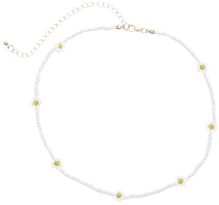 Happyyami Boho Perle Gänseblümchen Halskette Samen Perlen Choker Halskette Bunte Handgemachte Perle für Frauen Und Mädchen Schmuck (Weiß)