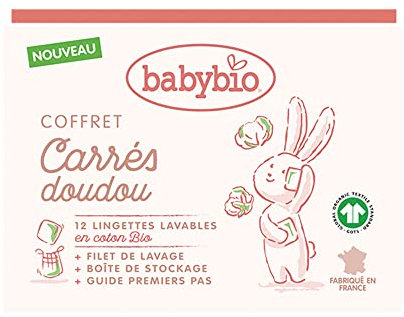 BABYBIO - Coffret Carré Doudou - 12 Lingettes Lavables Coton Bio + filet de lavage - Fabriqué en France & certifié GOTS