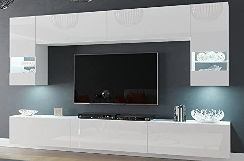 Furnitech Wohnwand Wohnzimmer | Wohnzimmer Möbel mit LED Weiß | Hängend Wohnwand Modern | Wohnzimmer Schrankwand mit Regale und TV Schrank (Future C79-HG-W2 1A)