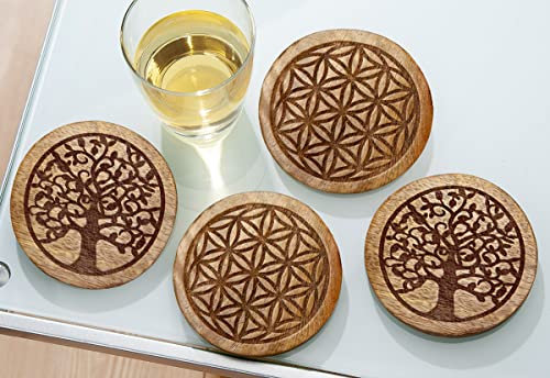 4 Holz Untersetzer, Motiv: Lebensbaum und Lebensblume; D.= 10cm,( 2X Lebensblume +2X Lebensbaum)