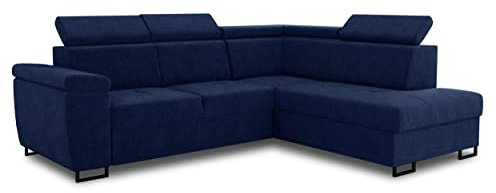 Ecksofa Natan mit Schlaffunktion und einstellbare Kopfstützen - Wohnlandschaft mit Metallfüßen, Couchgarnitur, Bettkasten, Sofagarnitur, Sofa (Ecksofa Rechts, Blau (Kronos 09))