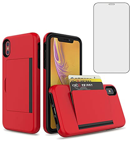 Asuwish Phone Case for iPhone Xs X 10 10s with Tempered Glass Screen Protector Cover and Credit Card Holder Stand Slim Hybrid Cell iPhoneX iPhoneXs iPhone10 i PhoneX SX 10x 10xs X’s Women Men Red