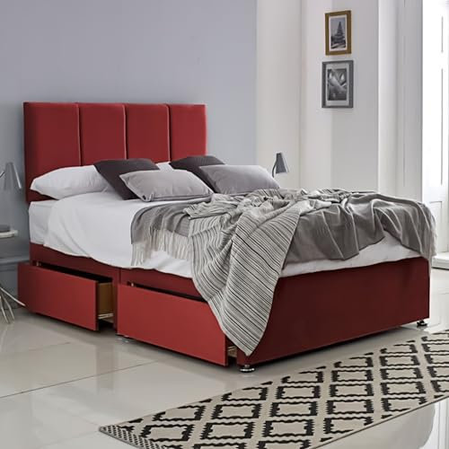 ComfoRest - Grand 5FT King Size Bed with Mattress & 2 Drawers | Elegant Set for Spacious Bedrooms | Sturdy Frame for Comfort | Luxe Divan for Relaxing Sleep (Red Plush)