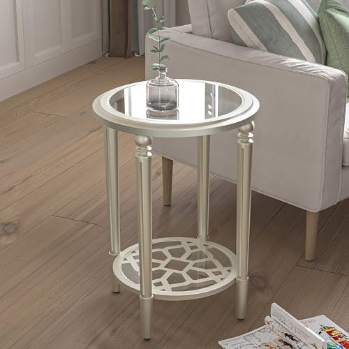COSIEST Mesa auxiliar redonda, mesa auxiliar de cristal con marco de madera, mesita de noche color dorado champán con estilo moderno para sala de estar, balcón, dormitorio