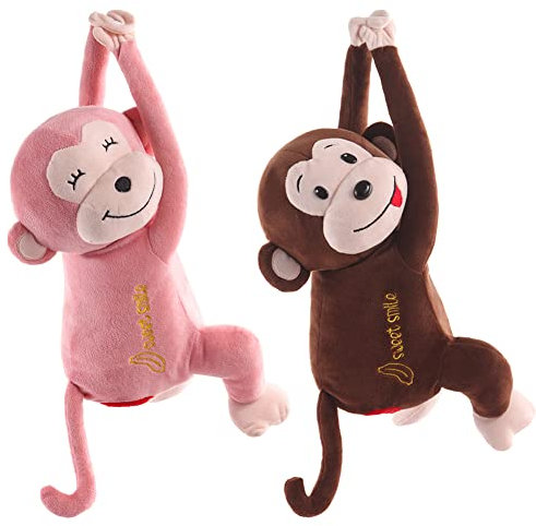 ARSBORUI Taschentuchbox AFFE Taschentuchspender Auto Serviettenbox Niedliche Auto Taschentuchbox Kosmetiktücherbox Hängende Plüsch AFFE Taschentuchhalter Kreative Tier Monkey Tissue Box (Kaffee+Rosa)