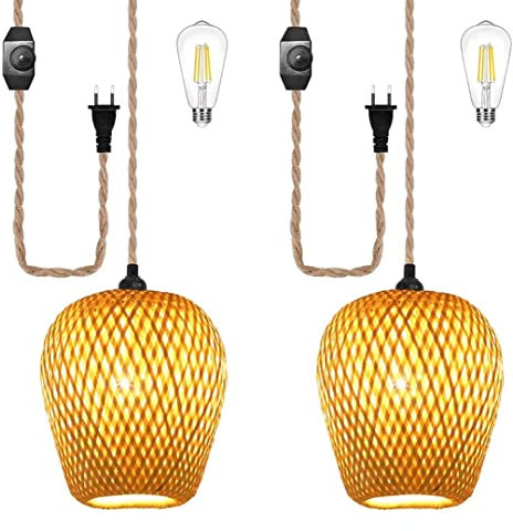 DUNMW 2 PCS Plug in Pendant Light Bamboo Lampshade with Plug in Cord, Hanging Lamp Lighting Fixture, Dimmable Switch, 15ft/4.5m Hemp Rope Wire, for Living Room, Bedroom