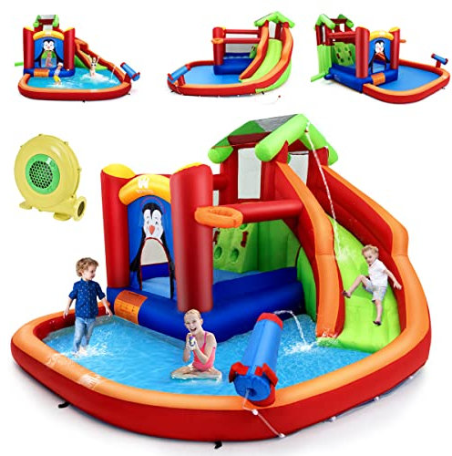 COSTWAY Château Gonflable avec Toboggan Aquatique & Souffleur 680W, Aire de Jeux Gonflable avec Piscine & Canon à Eau, Panier de Basket-Ball, Charge 135kg pour 3 Enfants de 3 à 10 Ans
