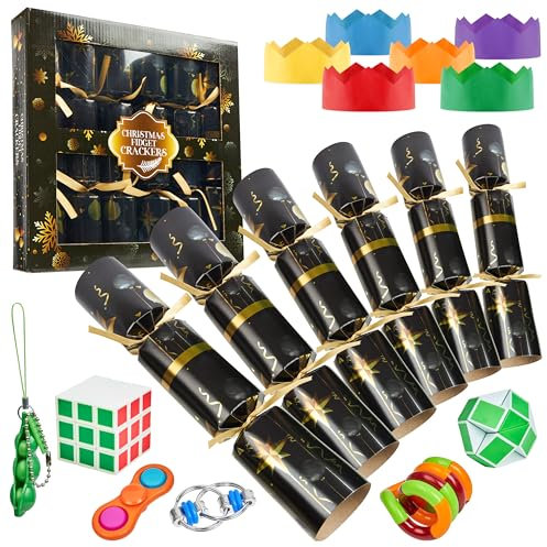 KreativeKraft Christmas Crackers Pack of 6, Christmas Party Decorations (Black Fidget Toys)