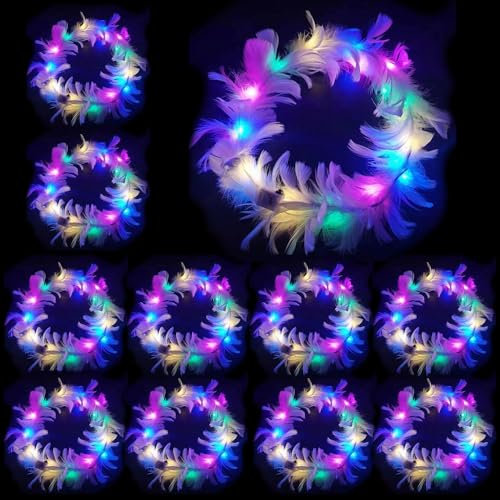LED Feder Stirnbänder,10 Stück Haarkranz Feder,LED Blumenkranz,Leuchtende Haarkränze,Leuchtendes Haarreif,Party Kopfschmuck Leuchtend,Blumenkranz Haare für Festivals Hochzeiten Party Zubehör