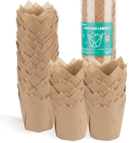 Parmedu 200 Moules à Cupcakes en Papier en Forme de Tulipe: Taille Standard de 5cm pour Muffins, Résistants à l'Huile & Antiadhésifs - Caissettes à Cupcakes Naturelles en Papier