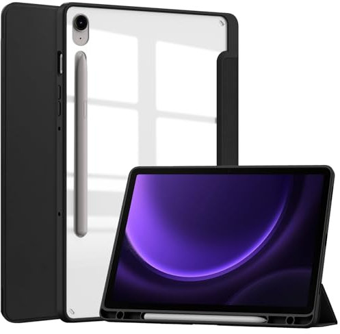 YeaQuelior Funda para Samsung Galaxy Tab S9 FE 10,9 Pulgadas con S Pen Soporte, Clara Transparente PC Dura Respaldo, Múltiples Ángulo de Visión, Auto-Sueño/Estela, Negro
