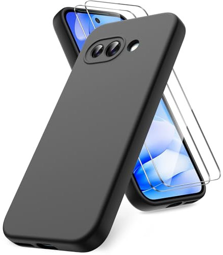 Vansdon Funda Compatible con Google Pixel 9a, 2 Unidades Protector Pantalla Cristal Templado, Silicona Líquida Gel Ultra Suave Funda- Negro