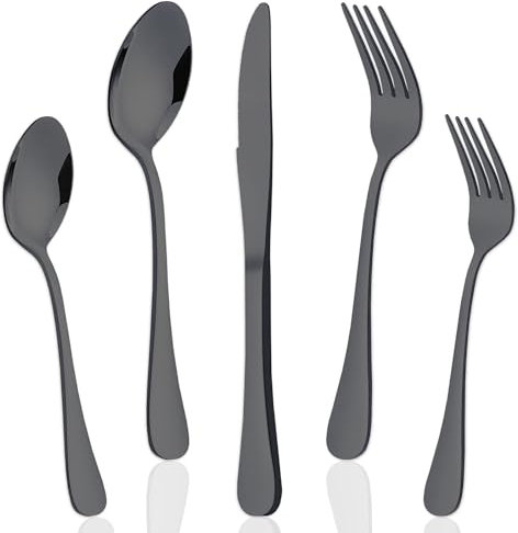 Cubiertos negros mate acero inoxidable 30 uds con cuchillos tenedores cucharas soperas cucharillas postre tenedores postre aptos lavavajillas hogar restaurantes cuberteria negra