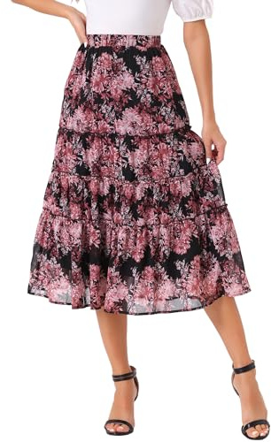 Allegra K Jupe Mi-Longue Femme été Jupe Florale Trapèze Fluide Taille Élastique en Mousseline de Soie pour Vacances
