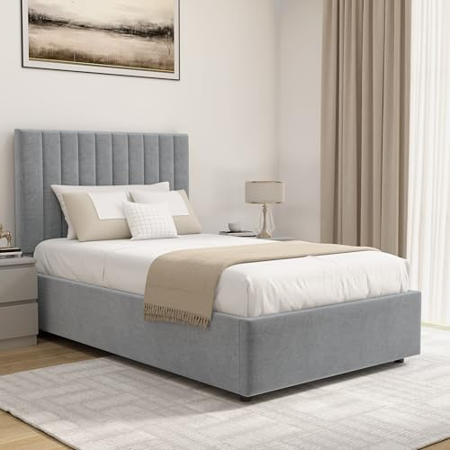 Blisswood Ottoman Storage Bed Frame, 3ft Single Bed Frames, Upholstered Ottoman Bed Frame, Wooden Slats Stylish And Space Saving Bed Frame, Velvet Fabric Storage Bed (3ft Light Grey No Mattress)