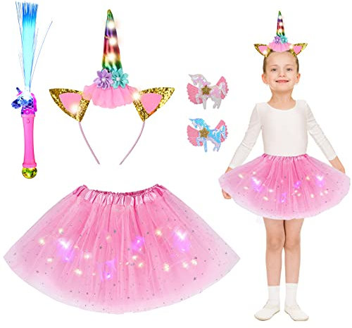Ulikey 5 Stück Einhorn Kostüm Set, Einhorn Tütü, Einhorn Glasfaser Leuchtstäbe, Einhorn Haarreifen, Einhorn Haarspangen, Einhorn Prinzessin Kleid Mädchen für Cosplay Kindergeburtstag Karneval (Rosa)